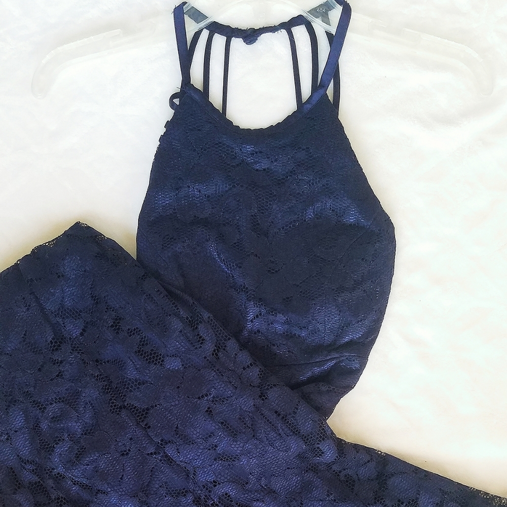*SOLD* Blue Lace Prom Dress w/ Strappy Back and High Neck